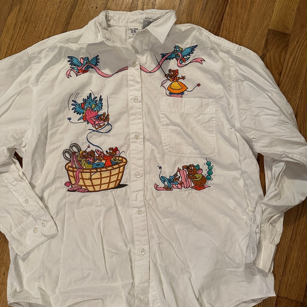 Disney White Button-Up Shirt with Cartoon Embroidery